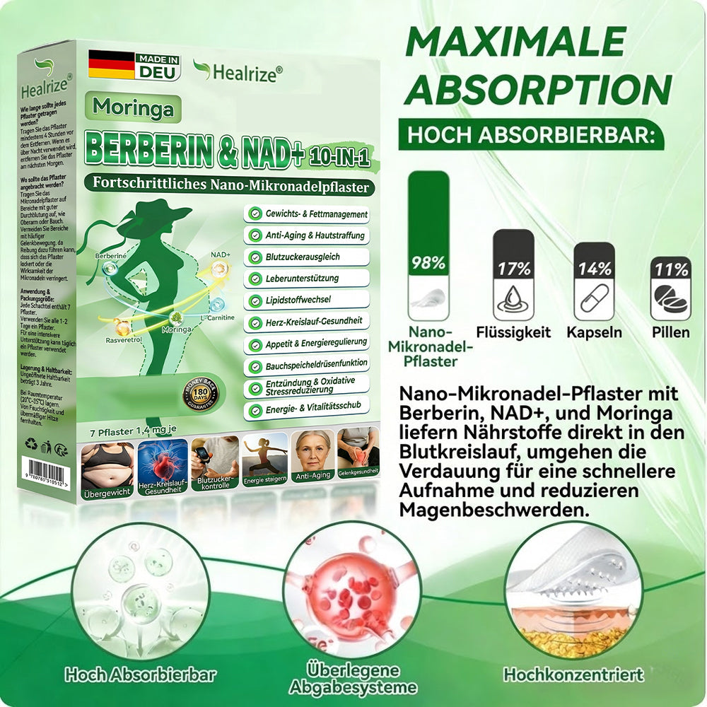 [Nur noch 10 Minuten!] Healrize® Moringa Berberinex NAD+ 10-in-1 Nano-Mikronadel-Patch (Nur einmal täglich, sichtbare Veränderungen in 7 Tagen) ✅ Für Übergewicht, lockere Haut, Diabetes, Schlafapnoe, Gelenkprobleme und mehr